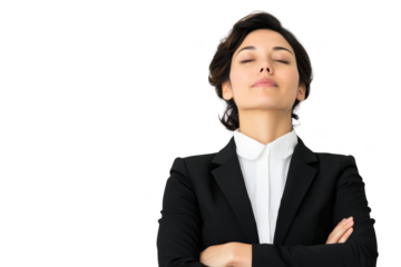 Confident woman in business attire with arms crossed and eyes closed, displaying a calm and empowered demeanor. Woman in business, Png, Transparent background