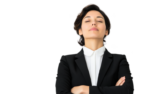 Confident woman in business attire with arms crossed and eyes closed, displaying a calm and empowered demeanor. Woman in business, Png, Transparent background