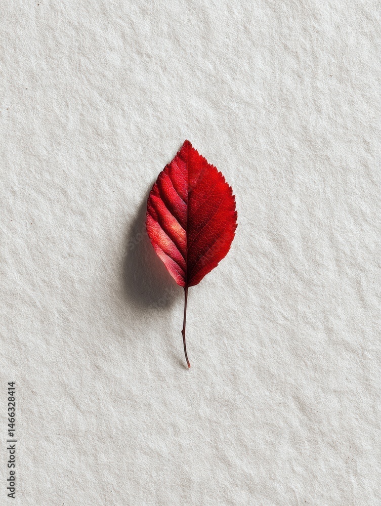 Leinwandbilder Minimalist Composition Featuring a Single Vibrant Red Leaf Resting on a Textured Paper Background in Natural Lighting Generative AI