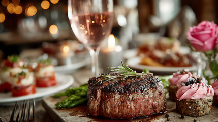 a romantic anniversary dinner setup with a beautifully plated steak dish, elegant appetizers, a decadent dessert, and champagne flutes, adorned with roses.