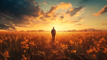 Fototapeta premium Silhouette walking in a golden field towards a sunset, illuminated sky