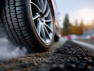 A car tire on a track, smoke rising from the tire
