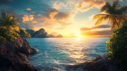 Tropical Sunset: Ocean view, palm trees, rocky coast and vibrant sunset.