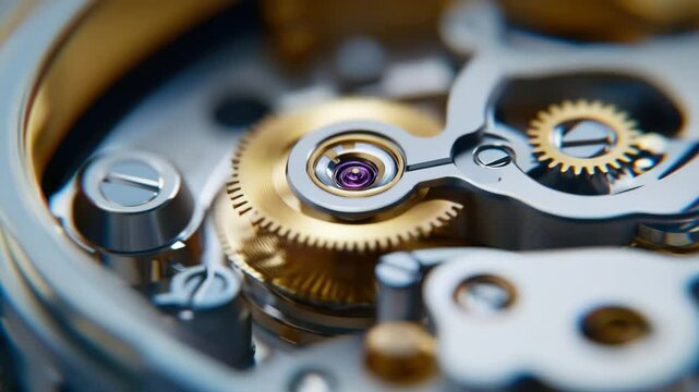 A detailed close-up of a watch mechanism showcasing its intricate internal components. The gears and other parts are finely crafted