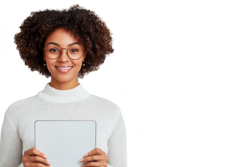 A smiling woman with curly hair and glasses holds a tablet in front of her chest, wearing a white sweater. Woman in business, Png, Transparent background