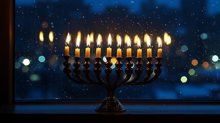 Nine-branched candelabra illuminated at night, winter scene