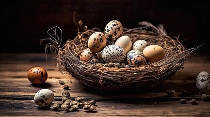 Fototapeta premium Nest with Various Speckled Eggs on Wooden Surface
