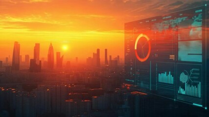 Cityscape with data visualizations overlayed at sunset, with vibrant colors and futuristic atmosphere. The data represents the modern business environment - Powered by Adobe