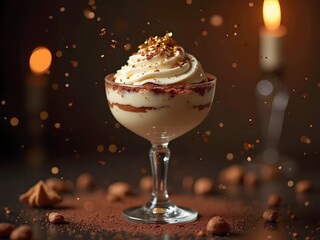 Velvet Tiramisu in Crystal Glass: A close-up of an elegant tiramisu served in a tall crystal glass, garnished with gold flakes and cocoa powder, set against a dimly lit luxury background.