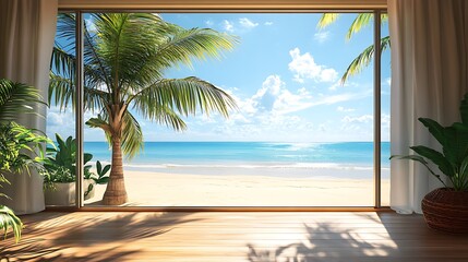 Idyllic beach view through a floor-to-ceiling window from a tropical home