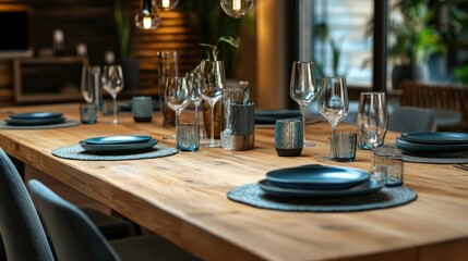 Wooden dining table with empty chairs and place setting