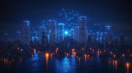 Fototapeta premium Futuristic Cityscape at Night: Digital Metropolis with Illuminated Skyscrapers and Network Connections