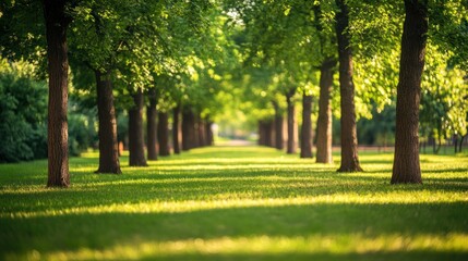 Lush green trees line a park pathway. Sunlight filters through leaves