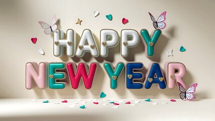 A Happy New Year 3D Text Design with Butterflies and Confetti