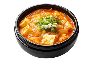 Spicy Korean kimchi jjigae with tofu, mushrooms, and green onions served in black bowl isolated on white transparent background, traditional Asian cuisine concept