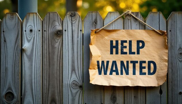 Help wanted sign on a weathered wooden fence, indicating job opportunities , aged, seeking