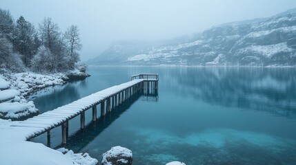 Obraz premium Serene Winter Lake: A Snow Covered Wooden Pier Extends Into a Crystal Clear Lake, Mountains Reflecting in the Still Water