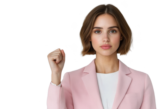 Confident young woman in a pink blazer raising her fist in a gesture of empowerment. Woman in business, Png, Transparent background