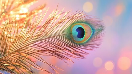 Fototapeta premium Abstract close-up of a peacock feather layered textures and metallic hues, glinting under dramatic lighting
