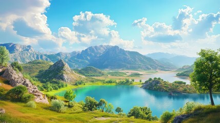 Bright landscape featuring a tranquil green lake bordered by tree-covered mountains under a vibrant blue sky