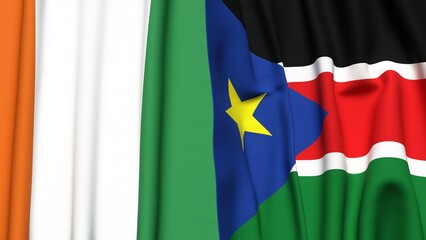 Flags of IVORY COAST and SOUTH SUDAN with realistic cloth texture