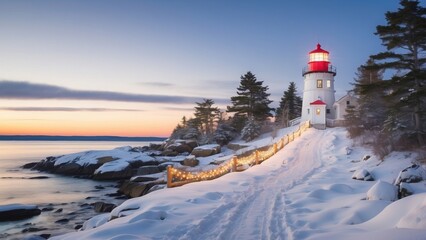 Holiday lights and garlands on a snowy Maine lighthouse in a calm winter landscape (