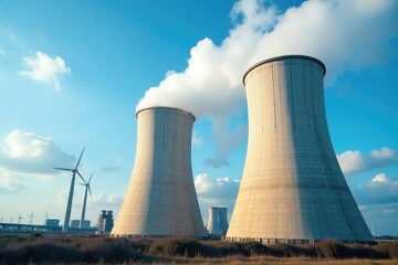 Fototapeta premium Large industrial cooling towers against a blue sky Clean energy, power plant, infrastructure, technology , infrastructure, large