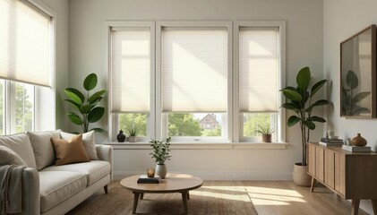 Fototapeta premium Modern cellular shades provide privacy and light control in a bright living room , window dressing, clean, window treatment
