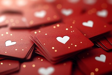 Stacked red cards with heart cutouts scattered with illuminated golden speckles decorations