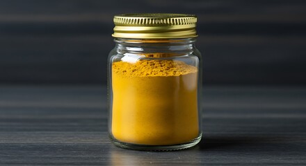 Turmeric powder in a glass jar with golden lid on dark wooden background