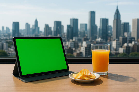 green screen tab mointor and glass of juice