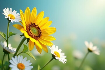 Obraz premium One bright yellow sunflower amongst white daisies, remarkable, different, conspicuous