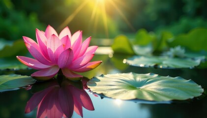 Pink lotus flower blooming in serene pond, sunlight reflecting on petals Peaceful nature scene , petal, water lily, serene