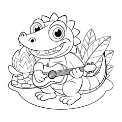 Fototapeta premium Crocodile Playing Guitar by a Riverbank Bonfire