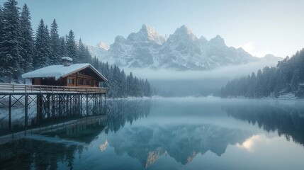Fototapeta premium Serene Winter Wonderland: A Picturesque Alpine Lake Cabin