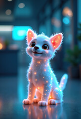Futuristic Concept of Holographic Pet Offering Companionship Without Traditional Care, Floating in a Sleek Tech-Integrated Living Space
