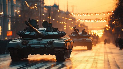 A military parade with modern tanks and aircraft, sharp details