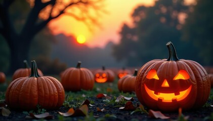 Spooky Halloween pumpkin patch at sunset, orange pumpkins glowing in fading light , spooky background, field, pumpkin patch background