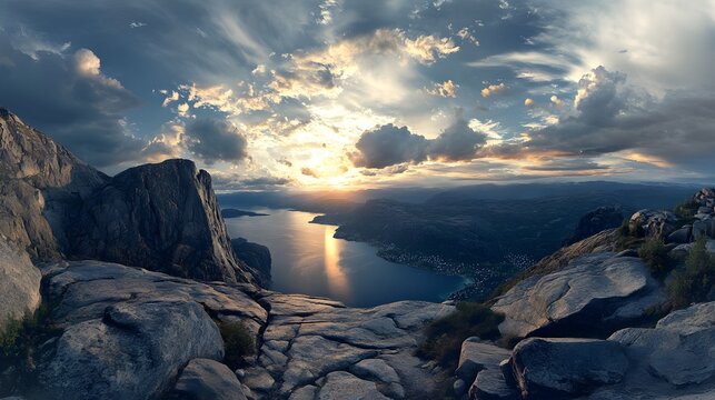 A panoramic view of the majestic Preikestolen (Pulpit Rock) overlooking Lysefjord