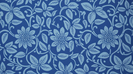 Seamless Blue Floral Pattern with Vintage Style Flowers and Leaves