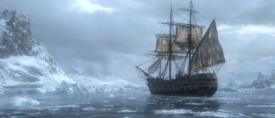 Fototapeta premium Majestic Tall Ship Navigating Through Frozen Arctic Waterscape Under Cloudy Skies