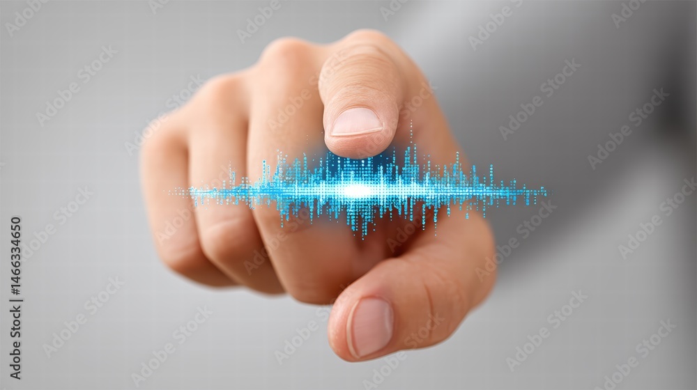 Poster close up of a hand interacting with a glowing blue digital waveform. the hand is fair skinned and th