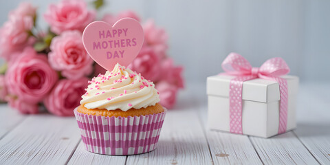 Happy Mother’s Day cupcake with gift box and pink roses in the background