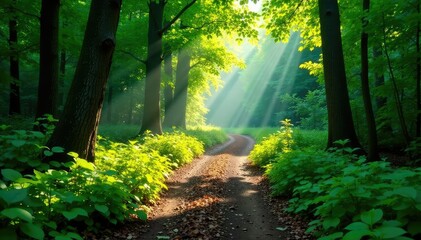 Obraz premium Sun-dappled forest path winding through lush greenery, leading into the woods , beautiful, foliage