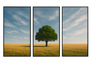 Lone Tree Field Triptych Isolated on Transparent Background