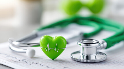 Stethoscope and green heart symbol represent medical health care, emphasizing importance of wellness and patient support