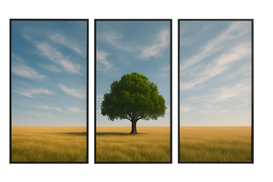Lone Tree Field Triptych Isolated on Transparent Background
