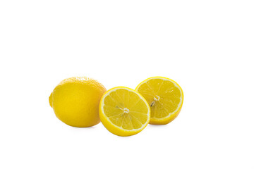 Fresh lemon and sliced halves on white background. Citrus fruit close-up. Concept of healthy...
