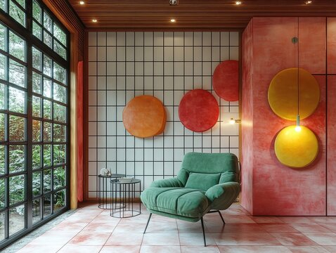 Modern interior design with a vibrant color scheme.
