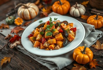A plate of vibrant seasonal food on a rustic wooden table